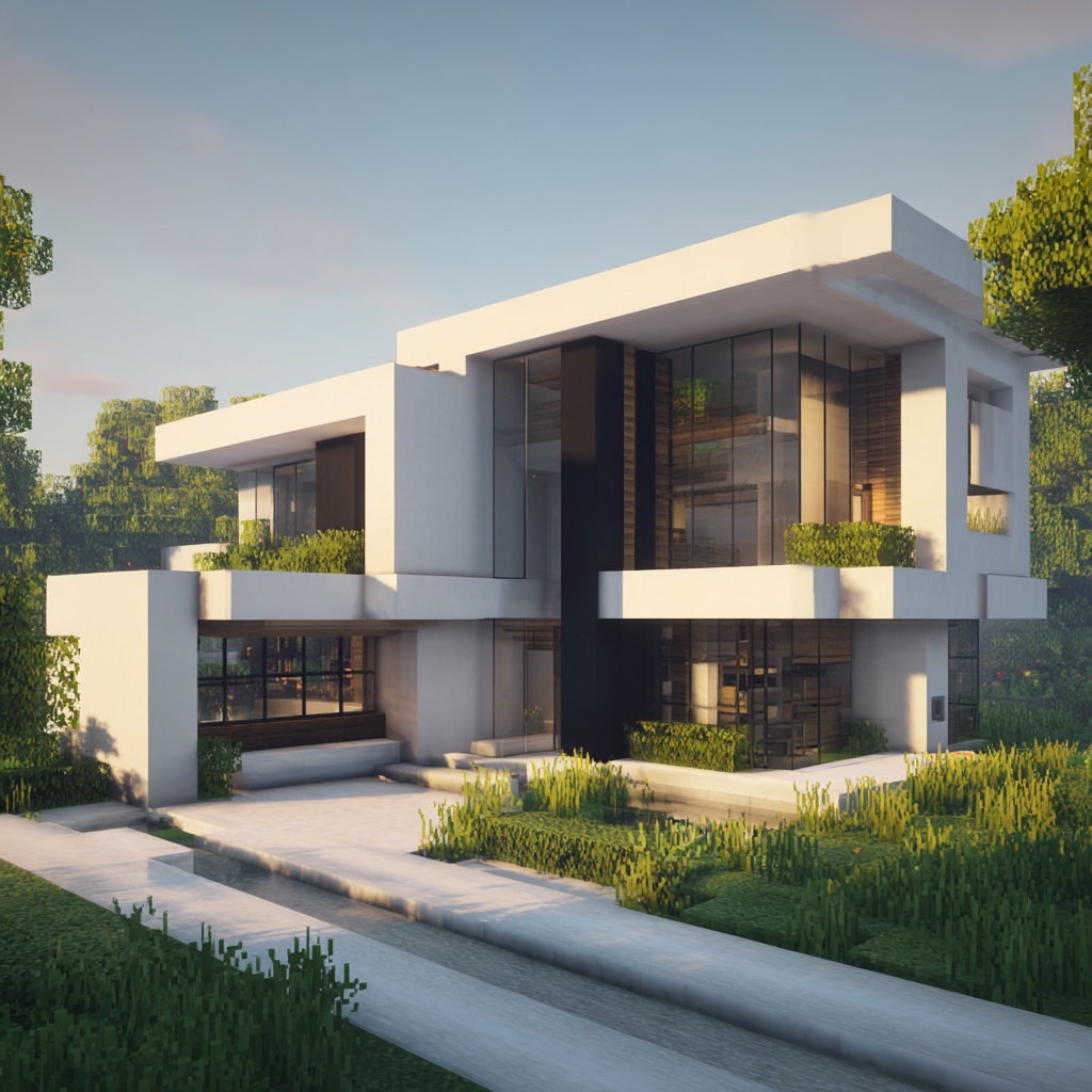 Minecraft minimalist modern house built with white concrete and black or gray accents, clean geometric shapes, flat roof, simple boxy design, limited color palette, smooth surfaces, large glass windows, compact but stylish structure, minimal landscaping with clean path or grass, uncluttered environment, plains or flat terrain, daytime, natural sunlight, vanilla Minecraft style, in-game screenshot look, no cinematic lighting, simple shadows, slightly angled perspective showing structure clearly, high detail textures, 4k, sharp focus, no shaders