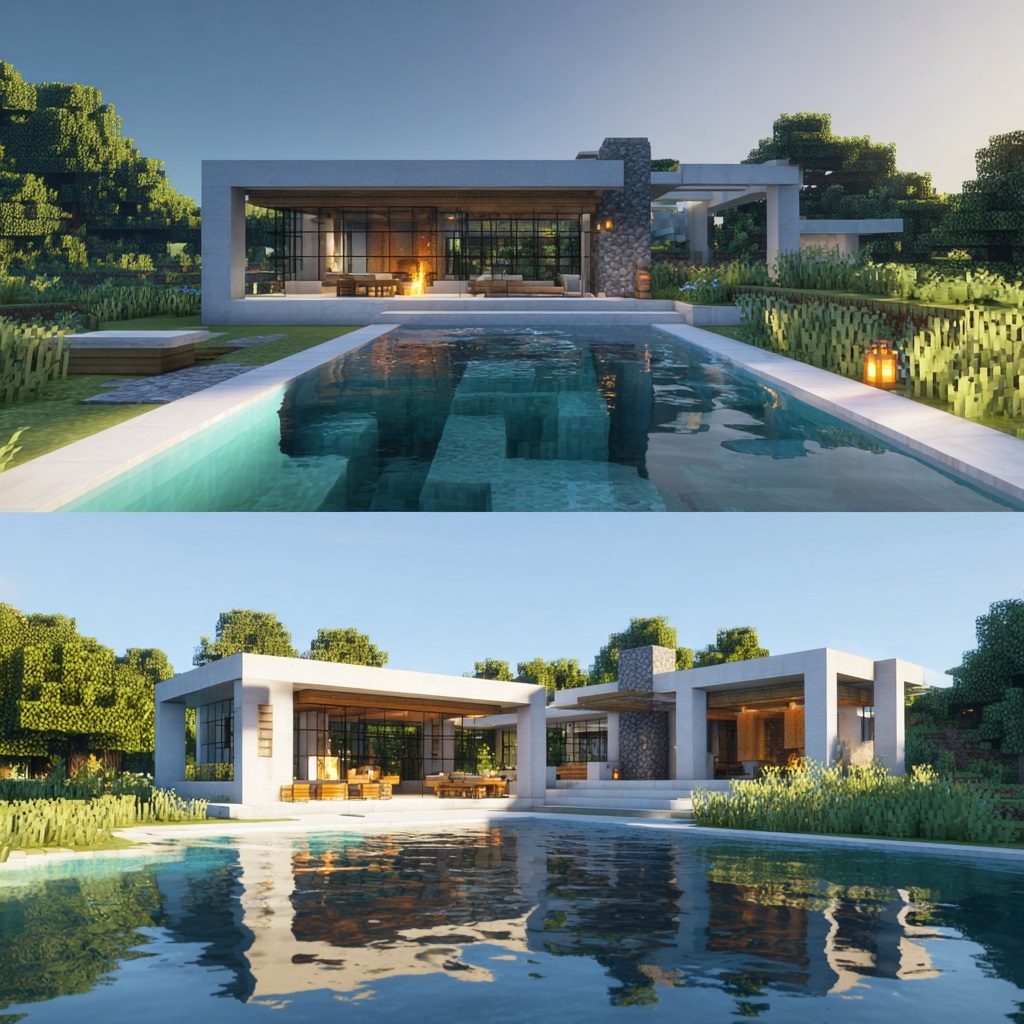 Minecraft modern house with pool, sleek base built using concrete, quartz, and glass, simple rectangular swimming pool in front or beside house, clear water with subtle lighting underneath, reflections visible on water surface, clean geometric design, minimalist landscaping with grass and smooth paths, compact but luxurious feel, outdoor seating or patio area, plains biome or flat terrain, daytime, natural sunlight, vanilla Minecraft style, in-game screenshot look, no cinematic lighting, simple shadows, slightly angled wide view showing house and pool clearly, high detail textures, 4k, sharp focus, no shaders