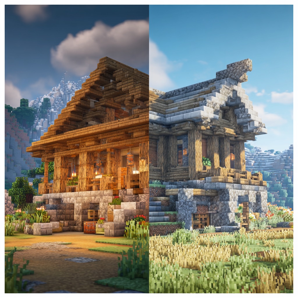 Minecraft split scene showing survival mode vs creative mode building, left side: simple survival starter house made of wood and cobblestone, basic design, minimal resources, torches for lighting, slightly rough and practical, right side: large detailed creative mode house, modern or fantasy style, complex design, polished blocks, highly detailed structure, both in same world style, plains biome, daytime, natural sunlight, vanilla Minecraft style, in-game screenshot look, no cinematic lighting, simple shadows, clear contrast between simple and advanced builds, slightly elevated perspective, high detail textures, 4k, sharp focus, no shaders