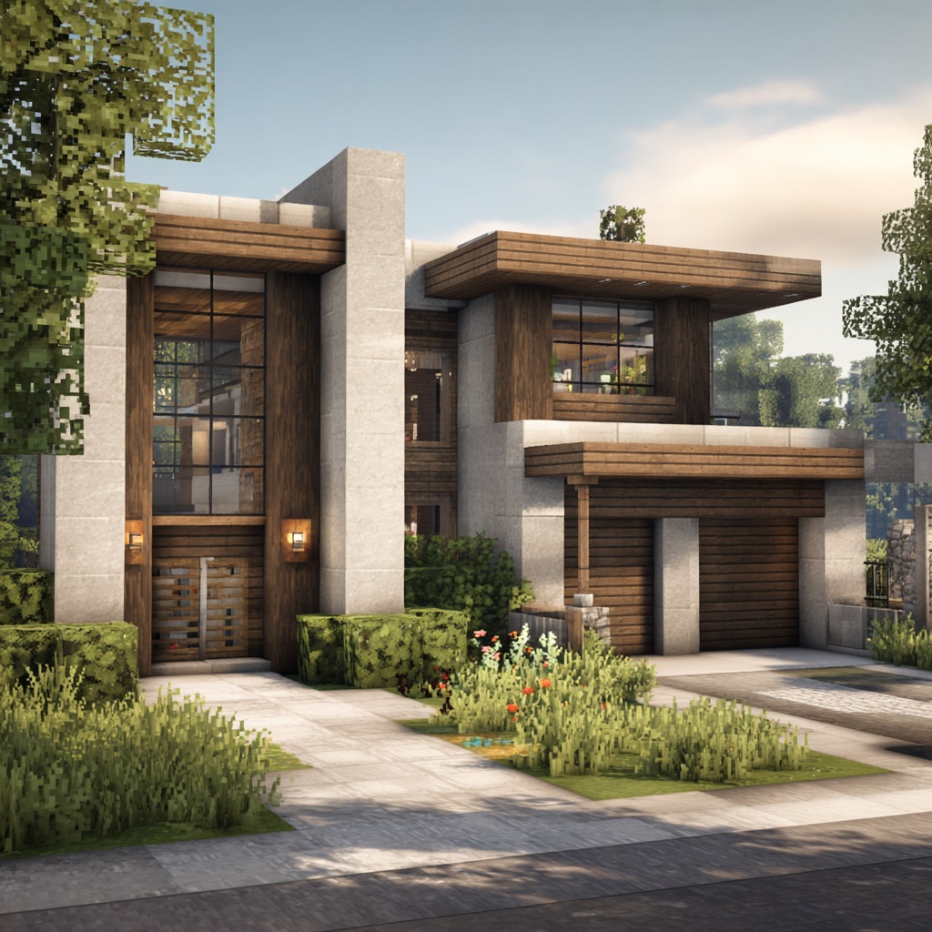 Minecraft suburban family house, realistic two-story home with simple roof design, built using wood, concrete, and glass, small front yard with grass, short driveway leading to a garage, cozy and practical layout, not overly detailed or flashy, neighborhood-style build, simple path to front door, a few bushes or flowers for decoration, peaceful and lived-in feel, plains biome, daytime, natural sunlight, vanilla Minecraft style, in-game screenshot look, no cinematic lighting, simple shadows, slightly angled front view showing house and yard clearly, high detail textures, 4k, sharp focus, no shaders