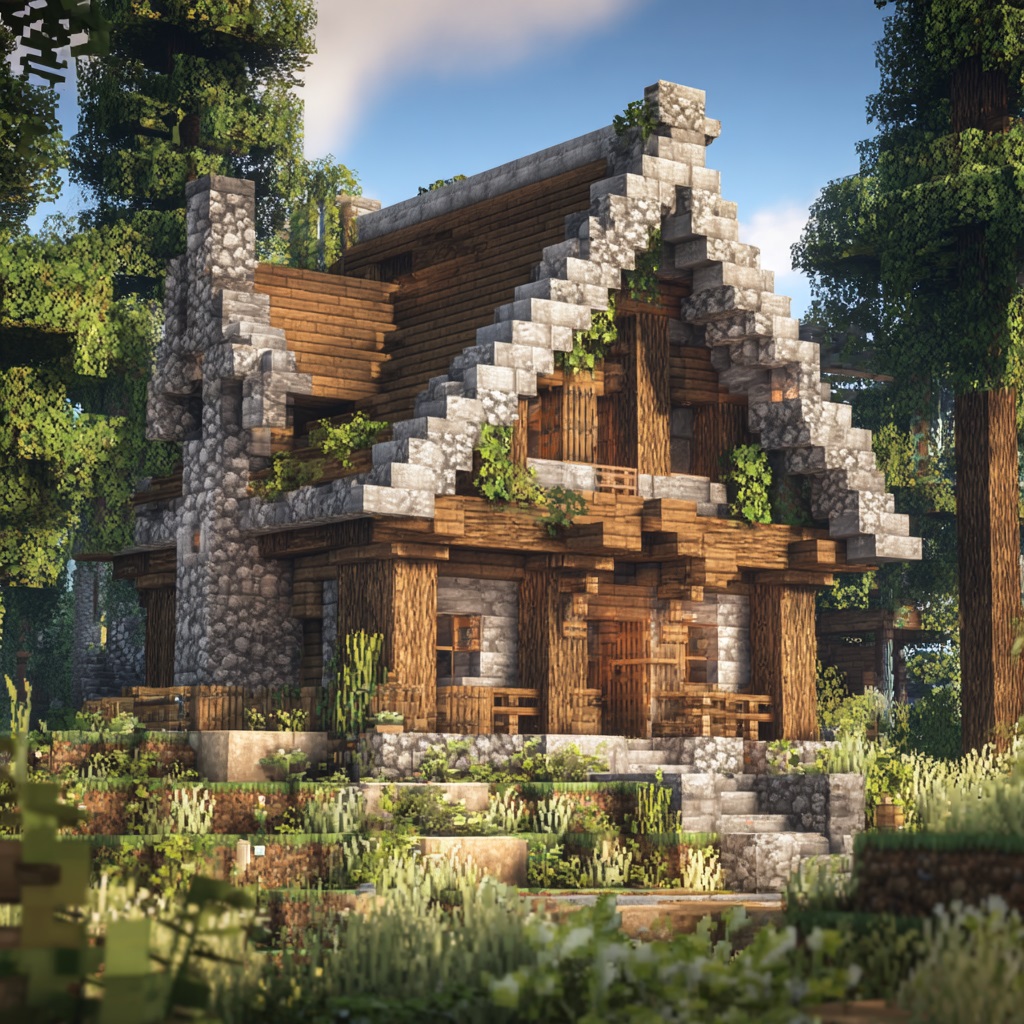 Minecraft survival house with strong cohesive material palette, well-designed build using matching wood types and stone blocks, visible mix of textures like stone bricks, cobblestone, and logs, consistent aesthetic style (medieval or rustic), detailed but not overly complex, clean and intentional design, no random block mixing, placed in a natural biome, daytime, natural sunlight, vanilla Minecraft style, in-game screenshot look, no cinematic lighting, simple shadows, slightly angled perspective showing materials clearly, high detail textures, 4k, sharp focus, no shaders