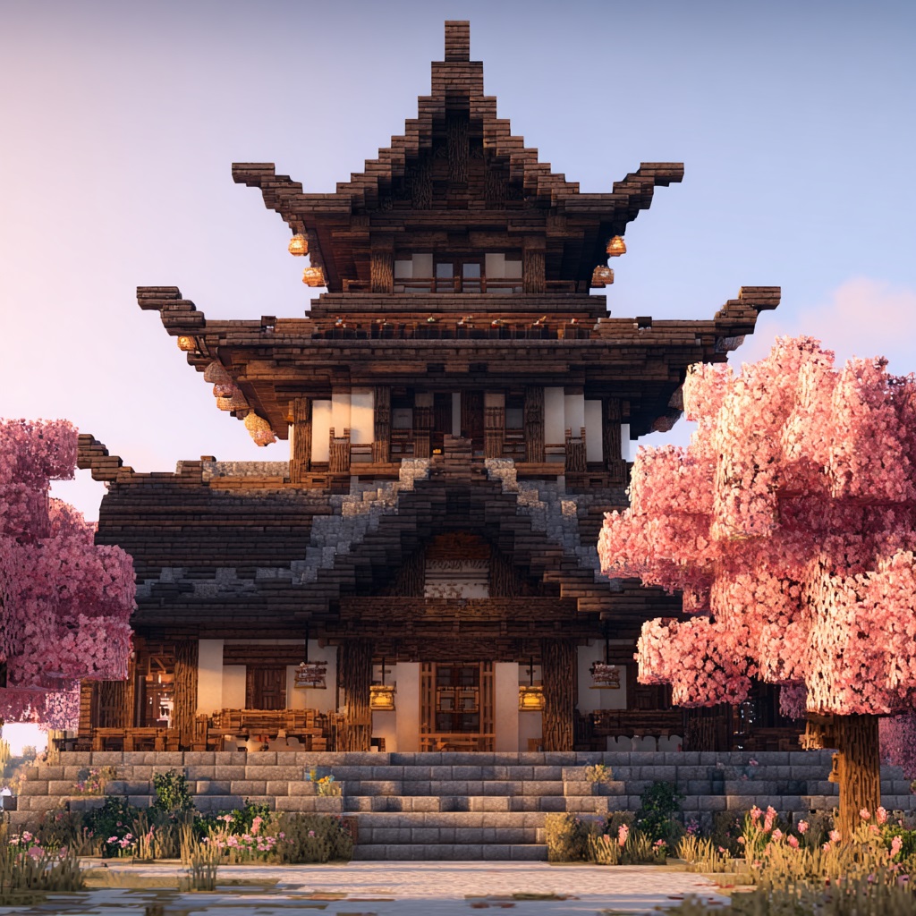 Minecraft survival mode, Japanese pagoda-style house with multiple layered roofs, curved roof edges using stairs and slabs, built with dark wood and stone, symmetrical design, elegant structure with tiered levels, detailed but balanced, surrounded by cherry blossom trees and simple garden landscaping, peaceful and refined atmosphere, placed in plains or garden setting, daytime, natural sunlight, vanilla Minecraft style, in-game screenshot look, no cinematic lighting, simple shadows, slightly angled wide perspective showing full structure and roof layers, high detail