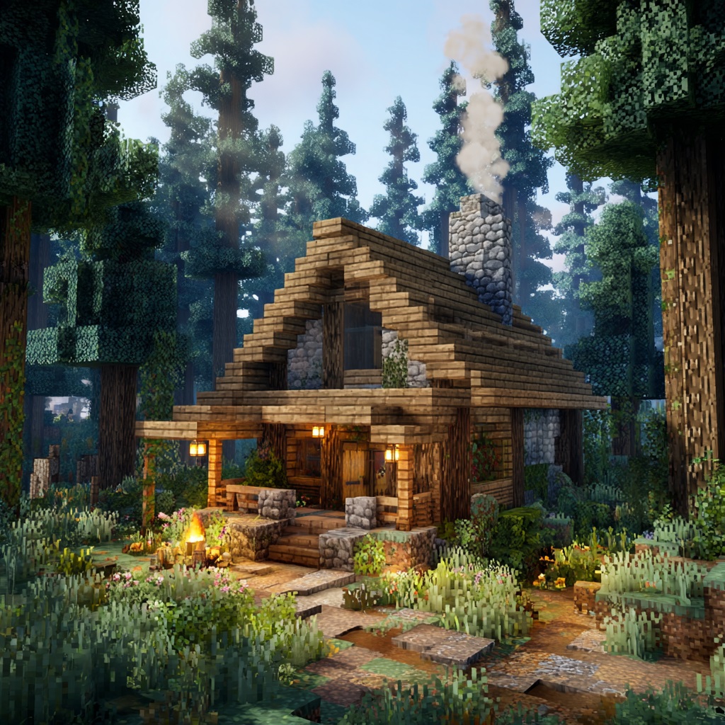 Minecraft_survival_mode_cozy_forest_cabin_built cottagecore minecraft house ideas