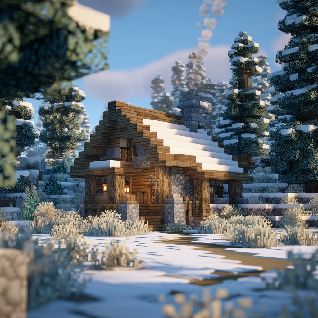 Minecraft survival mode, cozy wooden cabin in snowy biome, built with spruce wood and stone, slanted roof covered with snow layers, chimney on top with light smoke, warm lantern lighting outside and inside, snow-covered ground and trees surrounding cabin, soft winter atmosphere, small and charming survival build, slight path leading to entrance, peaceful and quiet setting, daytime with soft cold sunlight, vanilla Minecraft style, in-game screenshot look, no cinematic lighting, simple shadows, slightly angled perspective showing cabin and snowy landscape clearly, high detail textures, 4k, sharp focus, no shader