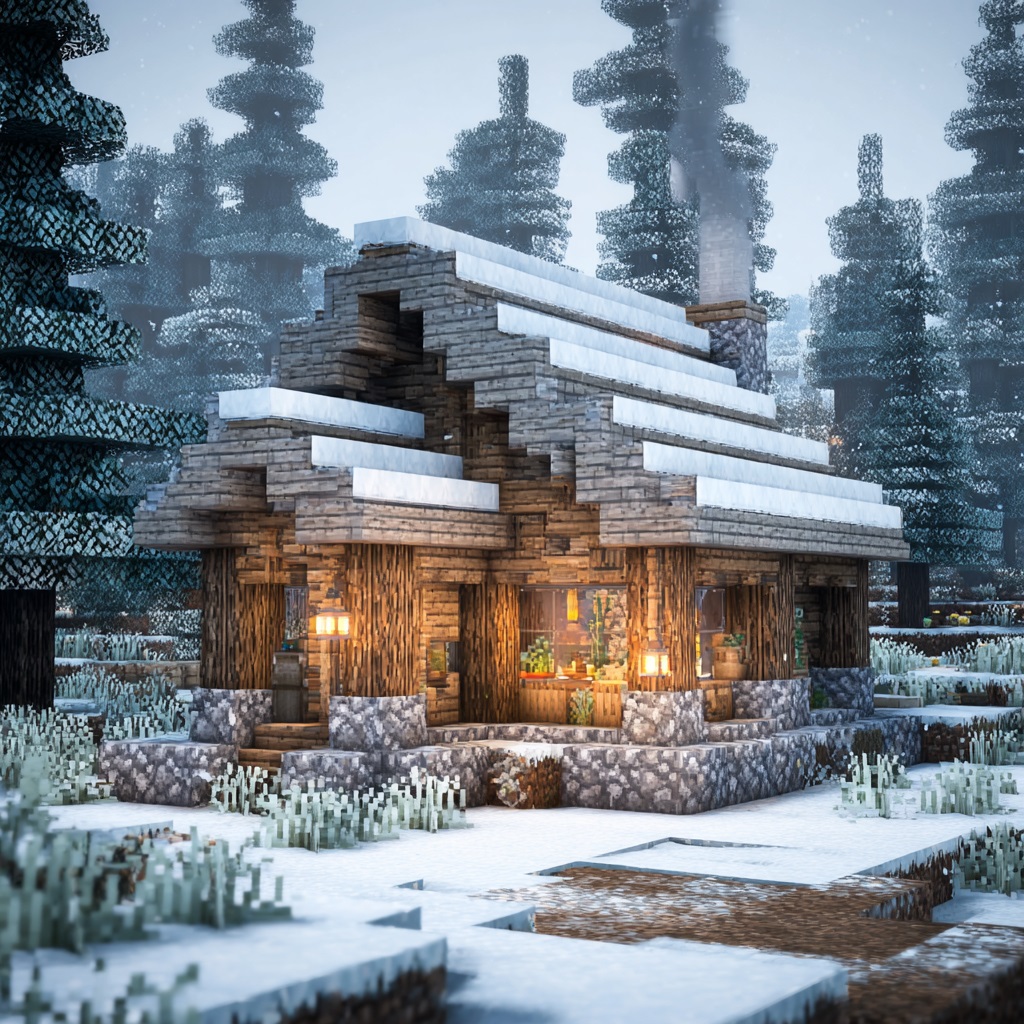 Minecraft_survival_mode_cozy_wooden_cabin_in_snowy minecraft house ideas