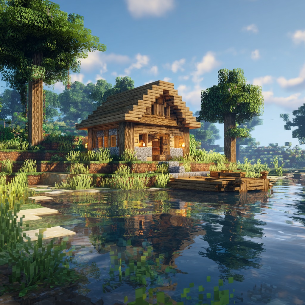 Minecraft survival mode, cozy wooden lakeside cabin built next to calm water, small cabin made of wood with slanted roof, placed right on the edge of a lake, simple dock extending into the water, small boat tied or placed nearby, reflections on water, peaceful and relaxing atmosphere, surrounded by a few trees and grass, slight path leading to cabin, early-to-mid game survival build, vanilla Minecraft style, in-game screenshot look, no cinematic lighting, natural sunlight, simple shadows, slightly angled wide view capturing cabin and lake together, high detail textures, 4k, sharp focus, no shaders