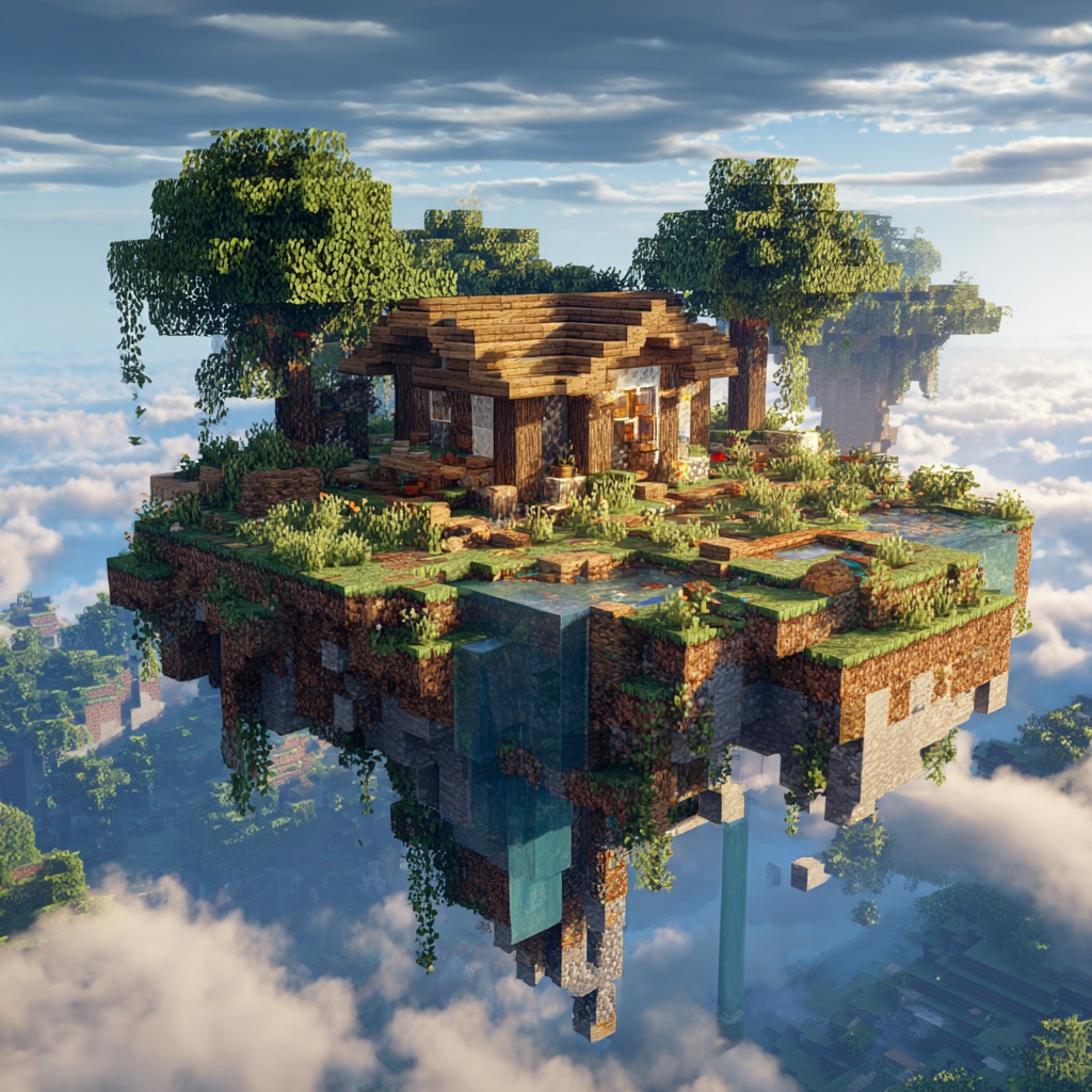 Minecraft survival mode, floating island house suspended in the sky, island made of grass and stone with dirt underside visible, small house built on top using wood and stone, waterfalls flowing off the edges of the island, small connected floating islands or bridges nearby, fantasy but still practical build, clouds around, high elevation above landscape, dramatic but not cinematic lighting, daytime, natural sunlight, vanilla Minecraft style, in-game screenshot look, simple shadows, slightly angled wide perspective showing island and sky clearly, high detail textures, 4k, sharp focus, no shaders