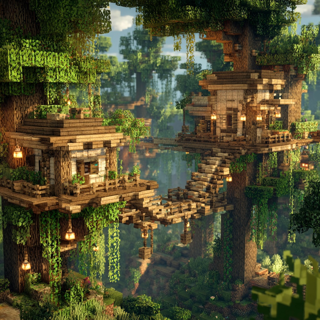 Minecraft survival mode, hanging tree village built high in a dense forest canopy, multiple small wooden treehouses placed in different trees, connected by rope-style bridges and wooden walkways, platforms at different heights creating layered vertical design, fences and lanterns decorating each house, lush leaves and vines surrounding structures, lively treetop community feel, elevated far above forest floor with dense trees below, adventurous and immersive atmosphere, forest or jungle biome, daytime with sunlight filtering through canopy, vanilla Minecraft style, in-game screenshot look, no cinematic lighting, simple shadows, slightly angled wide perspective showing multiple connected treehouses clearly, high detail textures, 4k, sharp focus, no shaders