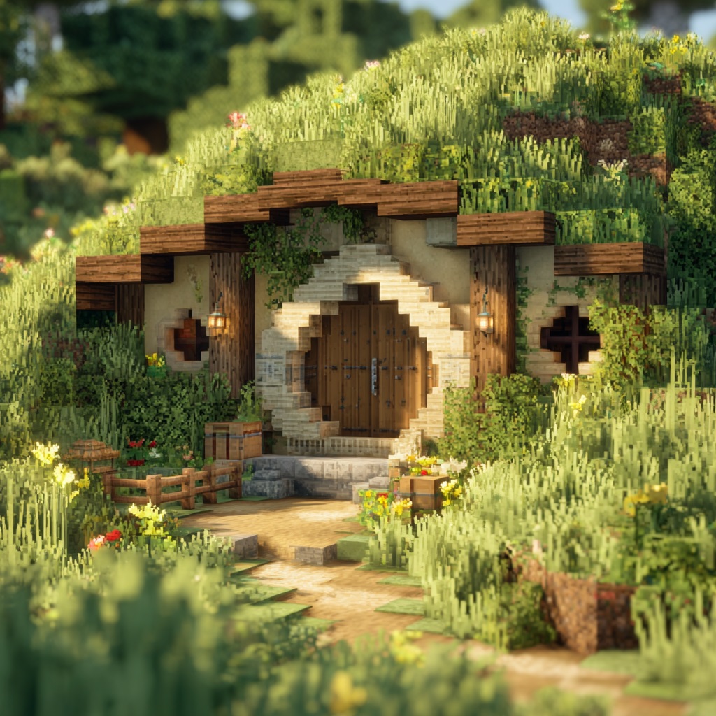 Minecraft_survival_mode_hobbit_hill_house cottagecore minecraft house ideas