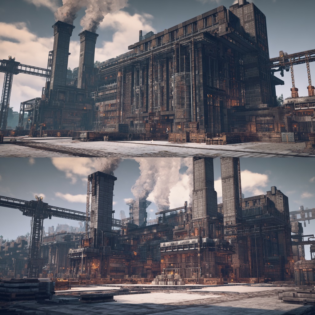 Minecraft survival mode, industrial factory-style base built with deepslate, stone, and metal elements, large structure with smokestack chimneys, iron bars, chains, and mechanical details, gritty and functional design, visible redstone machinery or automated systems, slightly dark and rugged aesthetic, not overly clean, practical base for farms and automation, flat terrain or industrial yard setting, daytime with muted lighting, vanilla Minecraft style, in-game screenshot look, no cinematic lighting, simple shadows, slightly angled wide perspective showing factory structure clearly, high detail textures