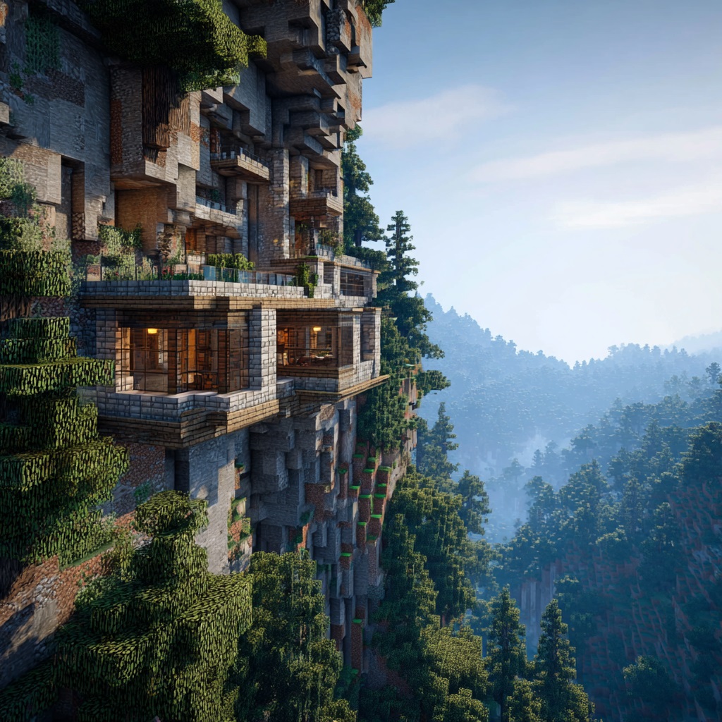 Minecraft survival mode, large mountain base carved into the side of a mountain, structure built into stone with visible entrances, balconies, and glass windows overlooking a valley, layered design with multiple levels, hidden or partially concealed entrance, mix of stone, deepslate, and wood accents, dramatic but practical survival base, strong vertical scale, natural terrain integrated with build, expansive landscape view below, plains or forest valley, daytime, natural sunlight, vanilla Minecraft style, in-game screenshot look, no cinematic lighting, simple shadows, slightly angled wide perspective showing mountain and base clearly, high detail textures, 4k, sharp focus, no shaders