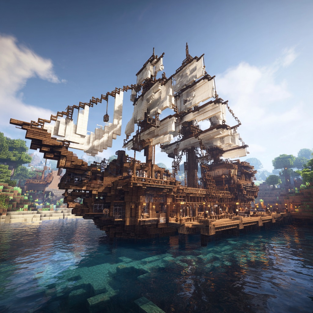 Minecraft survival mode, large pirate ship house floating on ocean, detailed wooden ship with sails, masts, and cannons, built using dark wood, realistic ship shape with multiple decks, visible captain’s quarters and living space on deck, docked near a small harbor or coastline, adventurous and bold design, functional survival base on water, ocean biome, daytime, natural sunlight, vanilla Minecraft style, in-game screenshot look, no cinematic lighting, simple shadows, slightly angled wide perspective showing full ship and water clearly, high detail textures
