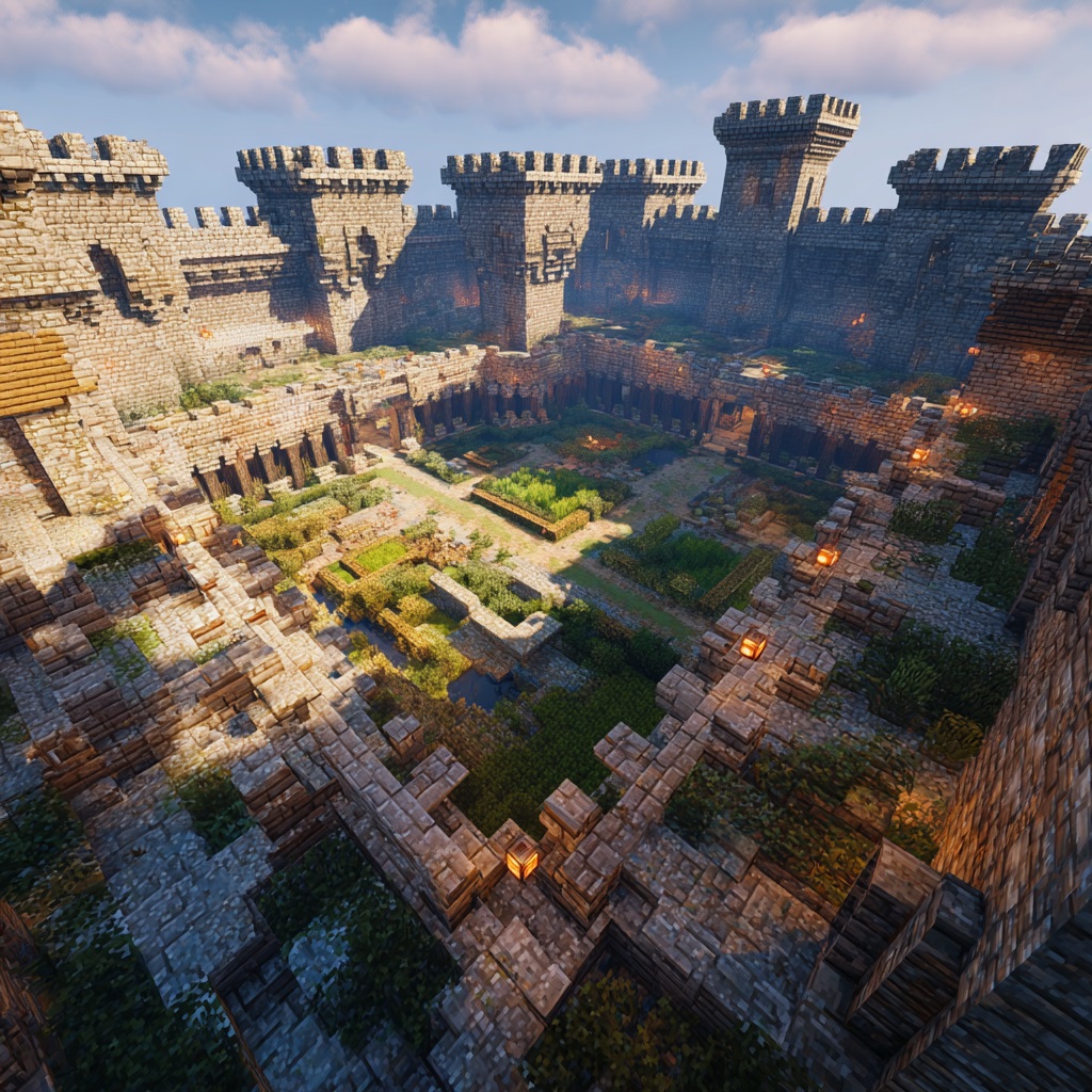 Minecraft survival mode, medieval castle with central open courtyard, stone brick walls and towers surrounding the base, visible interior courtyard with grass, small garden or fountain, open sky above courtyard, structured layout with pathways inside, detailed but not oversized, realistic survival build, lanterns or torches placed around for lighting, plains or slightly elevated terrain, daytime, natural sunlight, vanilla Minecraft style, in-game screenshot look, no cinematic lighting, simple shadows, slightly elevated angled view showing both outer walls and inner courtyard clearly, high detail textures, 4k, sharp focus, no shaders