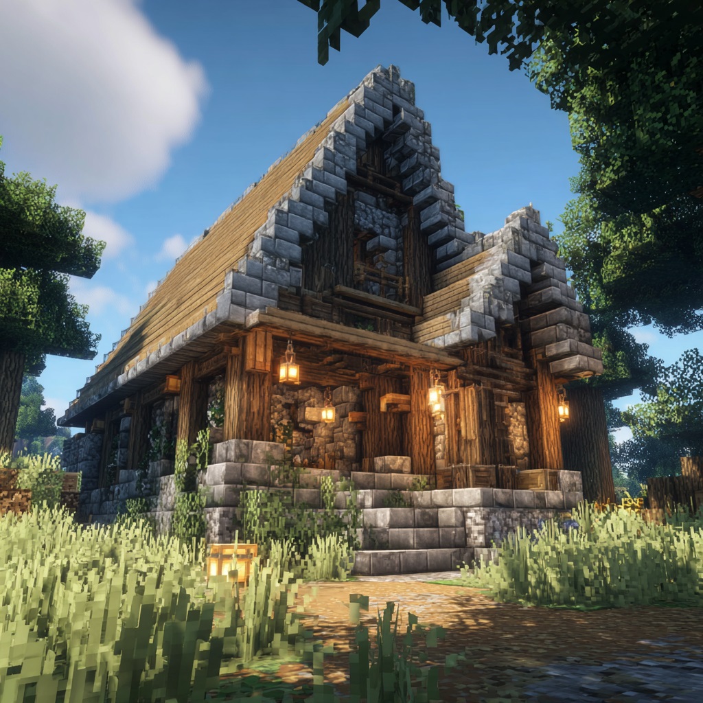 Minecraft survival mode, medium-sized medieval house built with spruce wood, stone bricks, and cobblestone, steep slanted roof using wooden stairs, exposed wood beam frame, textured walls with mixed stone and wood, lanterns hanging outside, warm and rustic atmosphere, detailed but still practical survival build, small path leading to entrance, plains or forest edge biome, daytime, natural sunlight, vanilla Minecraft style, in-game screenshot look, no cinematic lighting, simple shadows, slightly angled perspective showing front and side, high detail textures, 4k, sharp focus, no shader