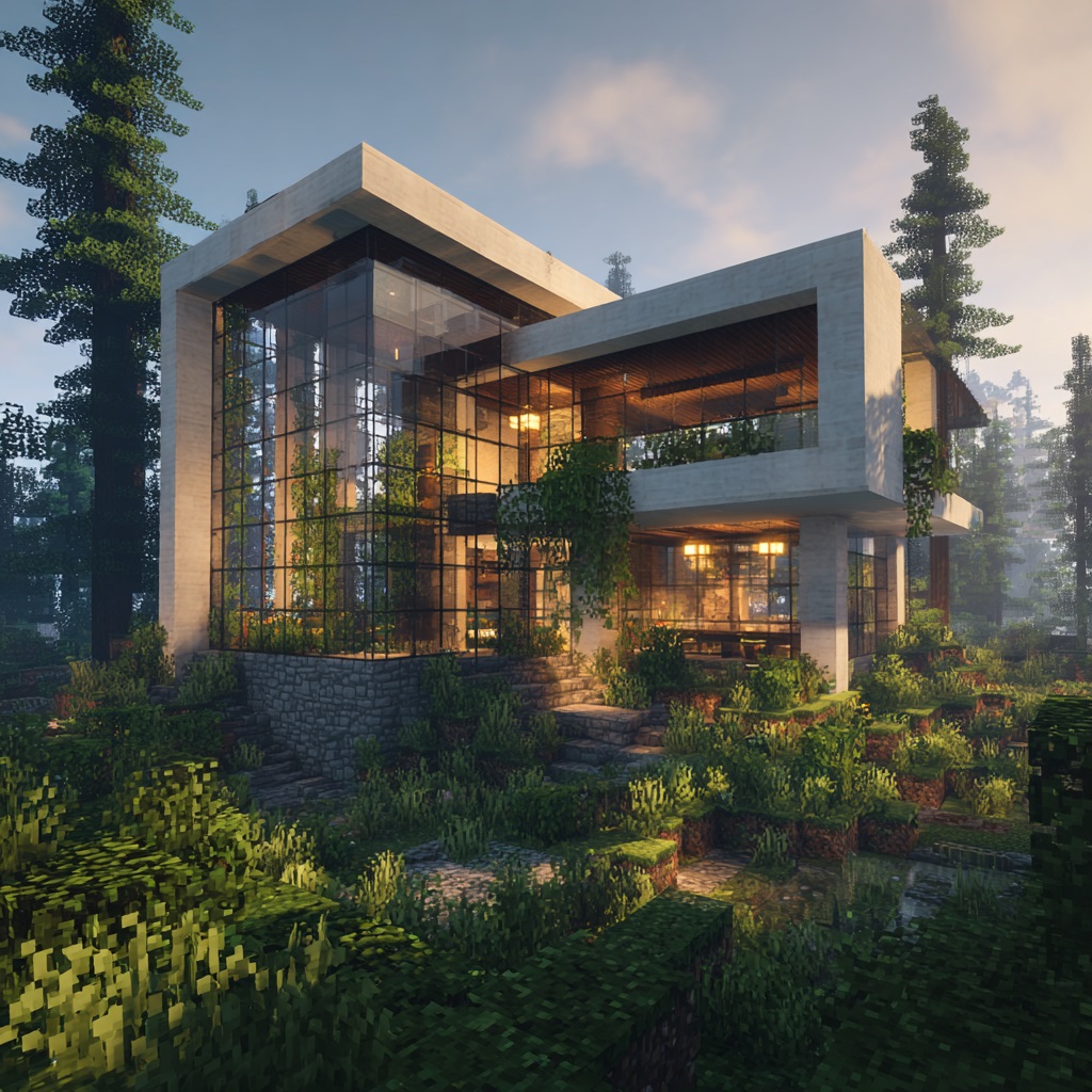 Minecraft_survival_mode_modern_glass_forest_house