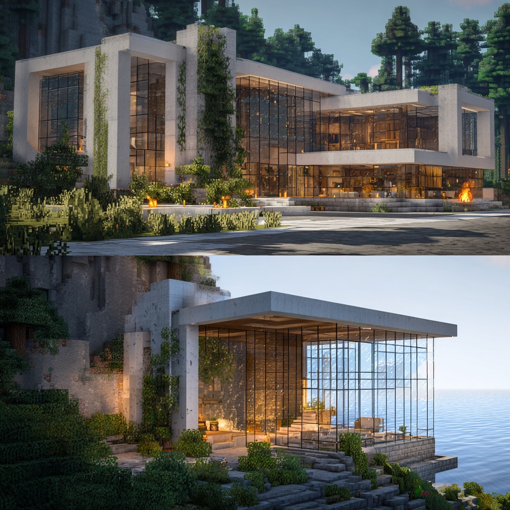 Minecraft survival mode, modern glass luxury villa with large glass walls and windows, sleek design using glass, quartz, and concrete, open interior visible through glass, built near scenic location like ocean, cliff, or forest, natural surroundings clearly visible through transparent walls, minimalist and high-end style, outdoor terrace or balcony, well-lit with torches or lanterns to prevent mobs, late-game survival build, daytime, natural sunlight, vanilla Minecraft style, in-game screenshot look, no cinematic lighting, simple shadows, slightly angled wide view showing villa and surrounding scenery, high detail textures, 4k, sharp focus, no shaders