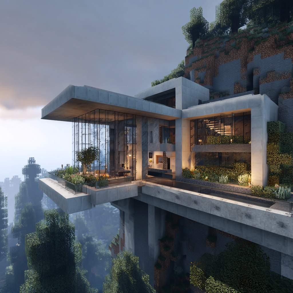 Minecraft survival mode, modern house built into or hanging off a cliff, sleek design using concrete, quartz, and large glass walls facing outward, dramatic elevation with visible drop below, balcony or platform extending over edge, natural cliff terrain integrated with build, panoramic view of valley, ocean, or forest below, clean geometric structure, minimalist but high-end, late-game survival build, daytime or soft evening light, vanilla Minecraft style, in-game screenshot look, no cinematic lighting, simple shadows, slightly angled wide view showing cliff and house clearly, high detail textures, 4k, sharp focus, no shaders