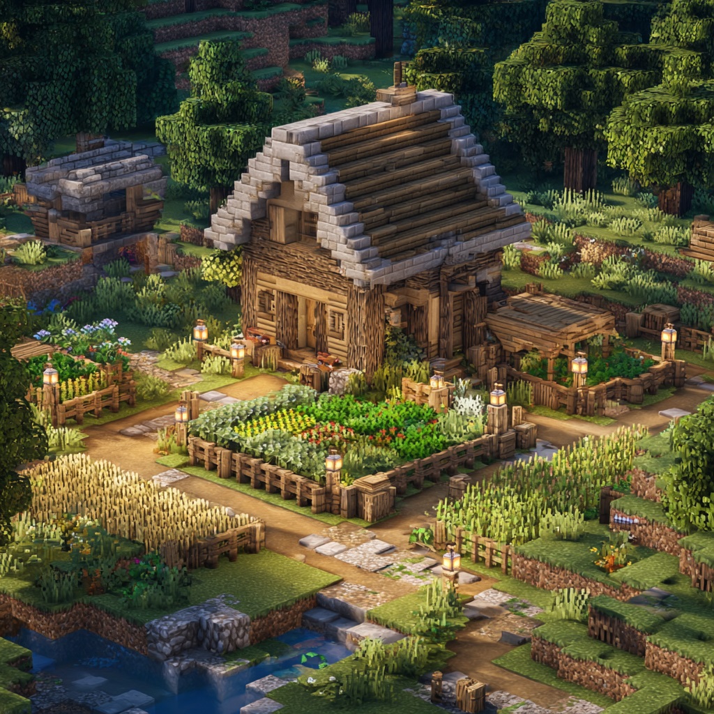 Minecraft survival mode, small cozy farmhouse with simple wooden house, surrounded by crop fields (wheat, carrots), small animal pens with cows or sheep, water channels for farming, fenced area, warm and peaceful countryside vibe, practical early-game base, slight path leading to house, lanterns or torches placed around, plains biome, daytime, natural sunlight, vanilla Minecraft style, in-game screenshot look, no cinematic lighting, simple shadows, slightly angled wide view showing house and farm together, high detail textures, 4k, sharp focus, no shaders