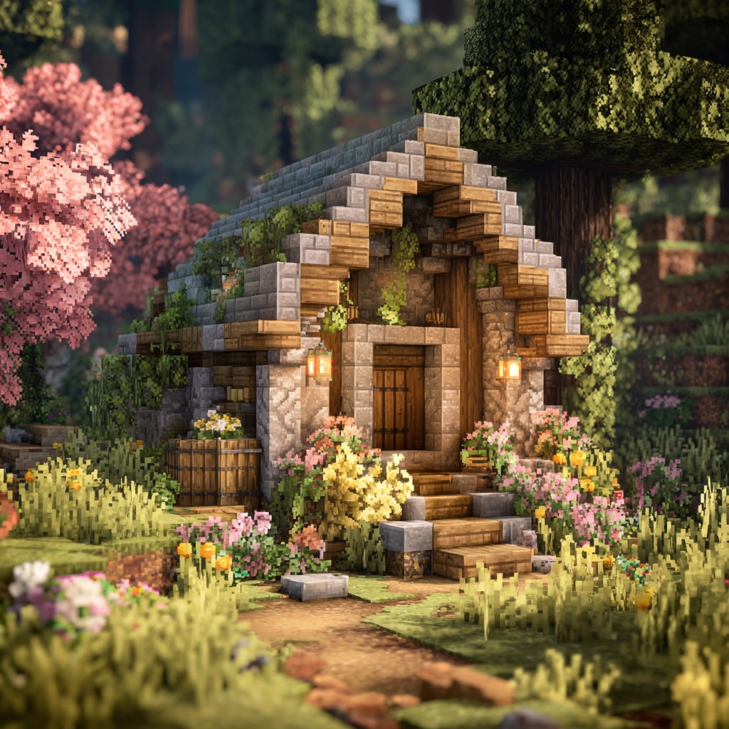 Minecraft survival mode, small fantasy cottage with curved roof using stairs and slabs, built with colorful blocks like light wood and soft tones, cozy whimsical design, surrounded by flower gardens, custom trees, grass and plants, soft lantern lighting around house, slightly organic and asymmetrical shape, small scale but highly detailed, placed in a forest or meadow biome, daytime, natural sunlight, vanilla Minecraft style, in-game screenshot look, no cinematic lighting, simple shadows, slightly angled perspective showing cottage and landscaping, high detail textures, 4k, sharp focus, no shaders
