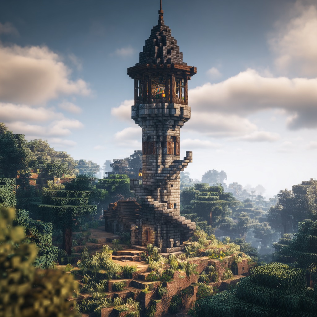 Minecraft survival mode, tall wizard tower with circular design, built using stone bricks and dark wood, vertical structure with multiple levels, spiral staircase inside (partially visible), pointed roof using stairs, small windows, enchanting room at top with bookshelves, slightly elevated terrain or hill, fantasy but still practical survival build, not oversized, plains or forest biome, daytime or soft evening light, vanilla Minecraft style, in-game screenshot look, no cinematic lighting, simple shadows, slightly low-angle perspective emphasizing height, high detail textures, 4k, sharp focus, no shaders