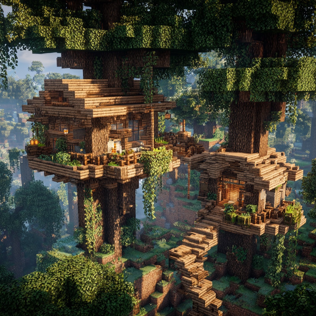 Minecraft survival mode, treehouse starter base built in a forest biome, small wooden house constructed within and around large trees, elevated above ground, connected with wooden platforms or simple bridges between trees, ladder or staircase leading up from ground, natural integration with leaves and logs, cozy but adventurous design, early-game survival build, vanilla Minecraft style, in-game screenshot look, no cinematic lighting, natural daylight, simple shadows, slightly angled wide view showing height and multiple trees, high detail textures, 4k, sharp focus, no shaders