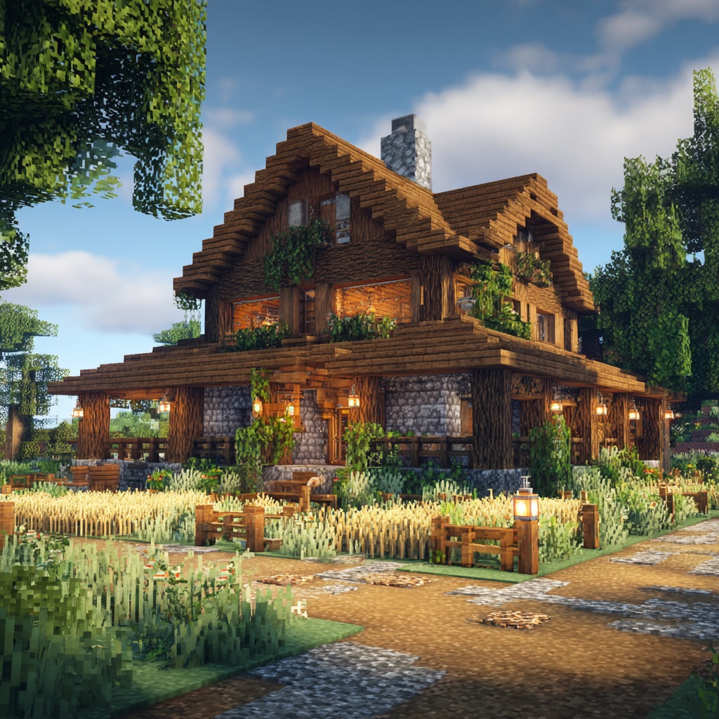 Minecraft_survival_mode_two-story_countryside_farmhouse cottagecore minecraft house ideas