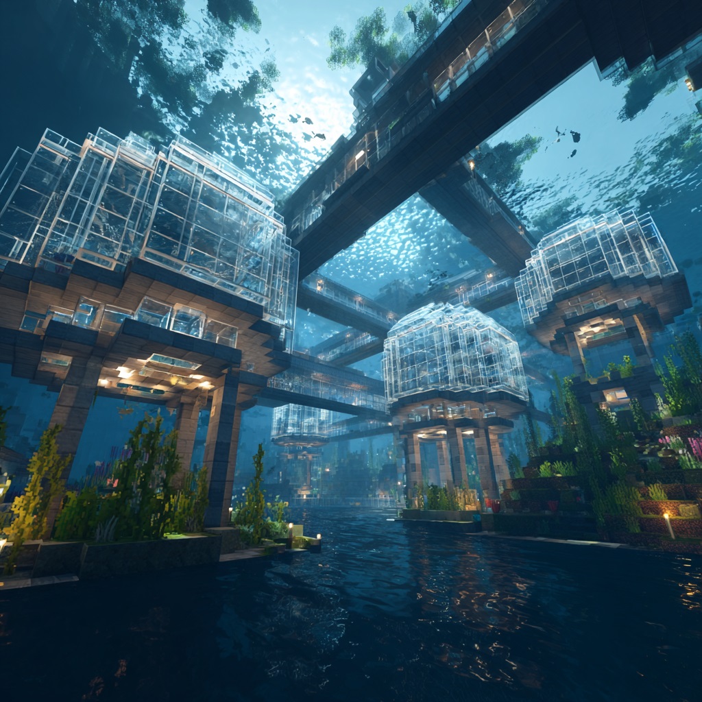 Minecraft survival mode, underwater base built on ocean floor, glass domes and tunnels connecting sections, clear view of ocean with fish and sea plants visible outside, structure made with glass, stone, and metal-like blocks, futuristic research lab style, interior softly lit, fully submerged environment, bubbles or water surrounding build, realistic survival build, not overly massive, ocean biome, daytime with filtered sunlight through water, vanilla Minecraft style, in-game screenshot look, no cinematic lighting, simple shadows, slightly angled wide perspective showing base and ocean clearly, high detail textures, 4k, sharp focus, no shaders