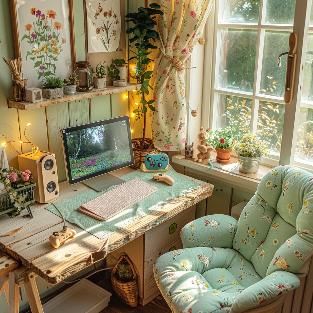 cottagecore_gaming_setup_natural_wood_desk cute sims 4 gaming set up