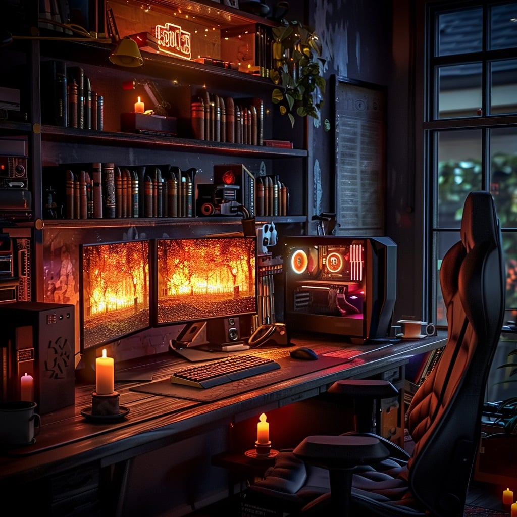 dark_academia_gaming_setup_deep_brown_wood_desk
