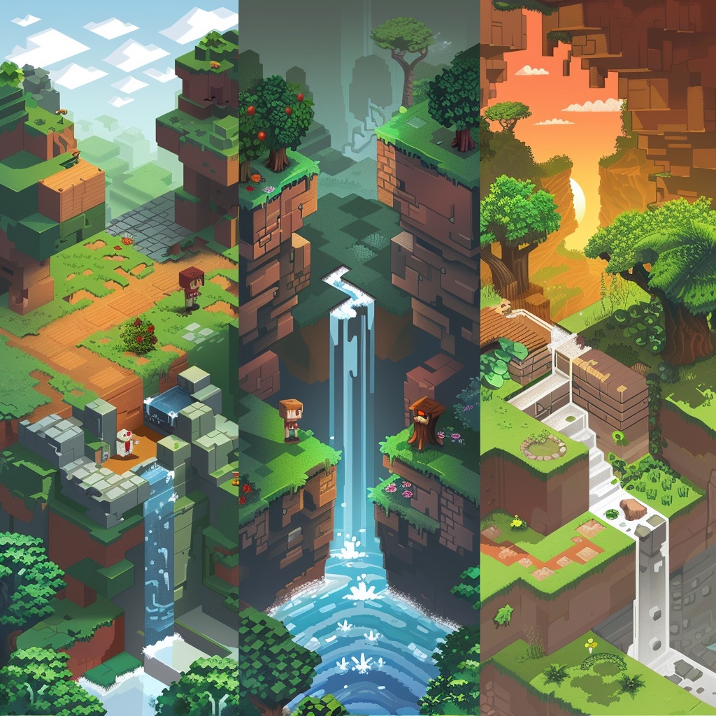 three-panel_comparison_illustration_between pixel art and voxel art
